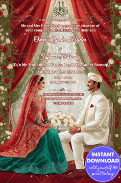Nikkah Ceremony invitation in red theme with bride and groom caricature
