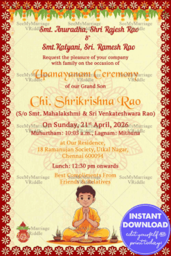 Cream and Red Traditional Upanayanam Ceremony Invitation with Vedic Boy Cartoon