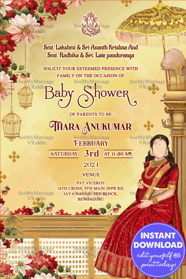 Sandle Theme Caricature Baby Shower Invitation with a lady sitting with a baby bump under an umbrella in a red saree