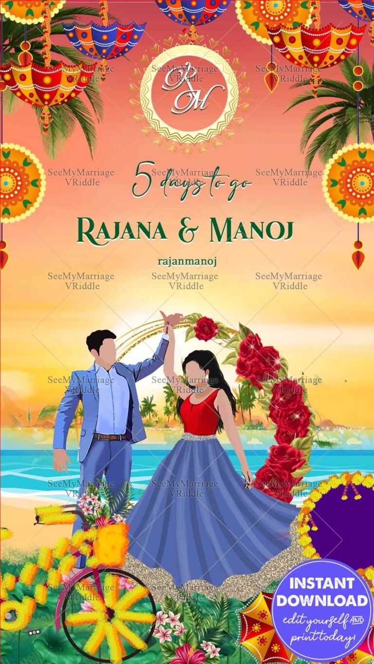 Sea Side Wedding Countdown Save The Date Invitation Card with Caricature Couple