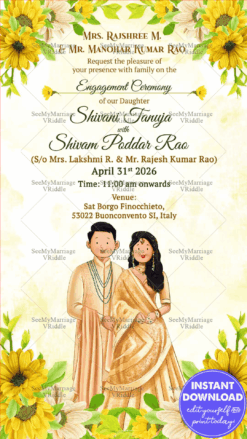 Yellow and Gold Floral Engagement Invitation with Caricatures