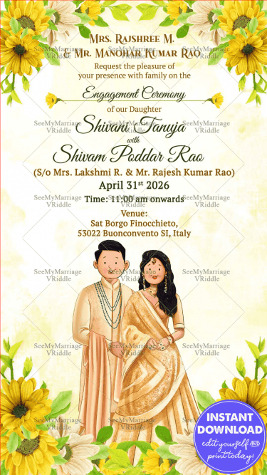 Yellow Floral Caricature Engagement Invitation Gold