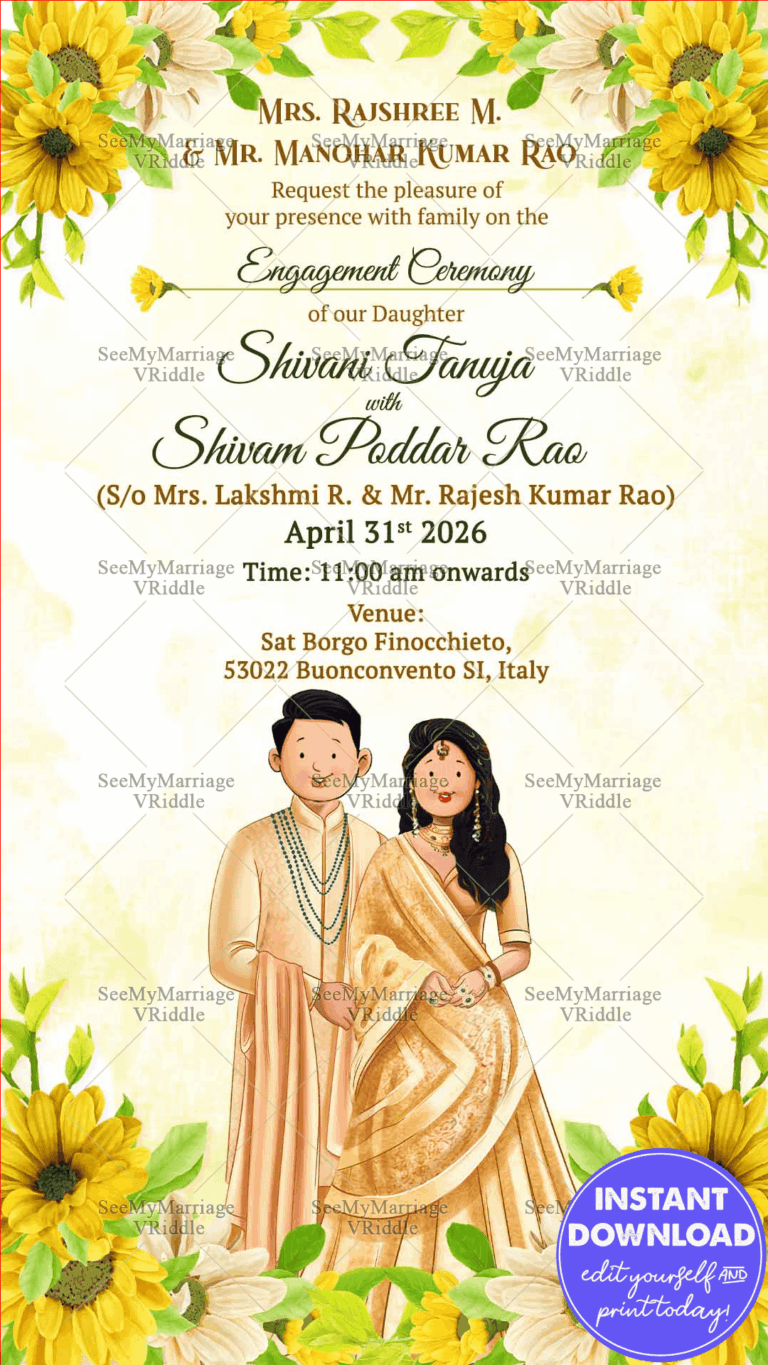 Yellow and Gold Floral Engagement Invitation with Caricatures