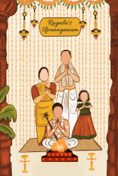 family-caricature-upanayan-invitation-cream-brown
