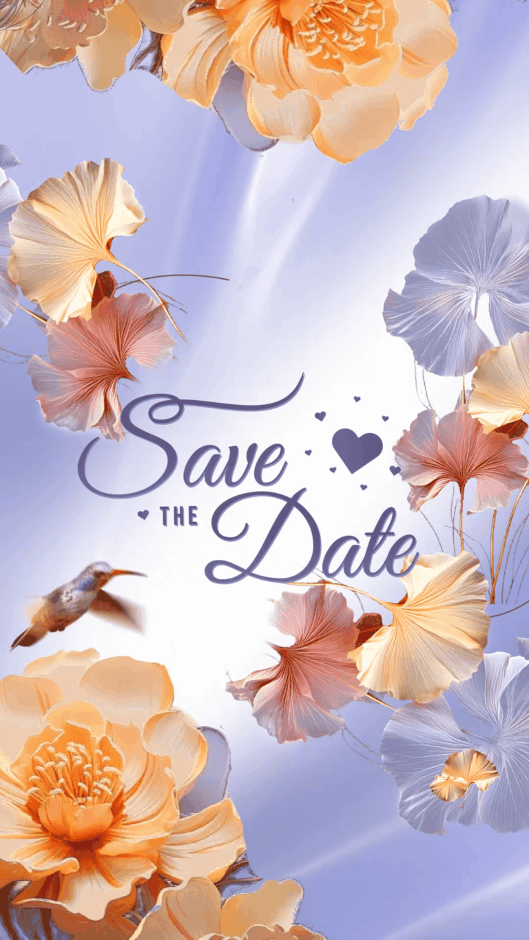 Floral Romance Lavendar Save the Date with humming bird in orange