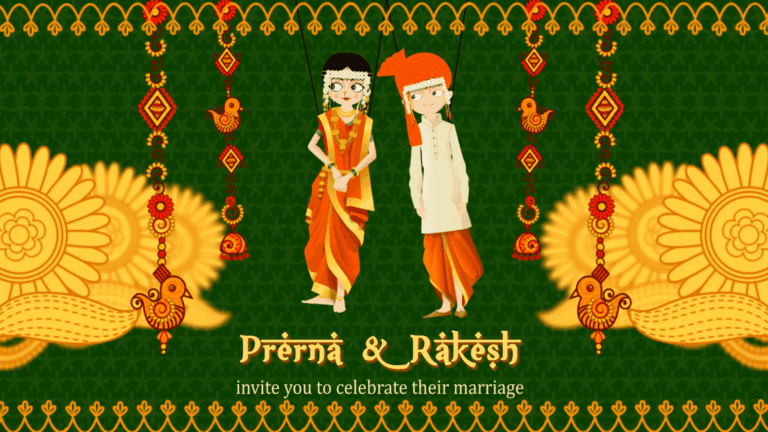 Maharashtrian Wedding Bliss: Digital Invitation in green and gold with Engagement, Haldi, Sangeet, Saptapadi and Reception events included