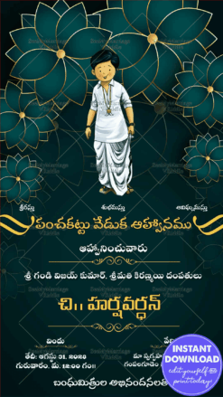 Green Telugu Dhoti Ceremony Invitation with boy in white panchakattu