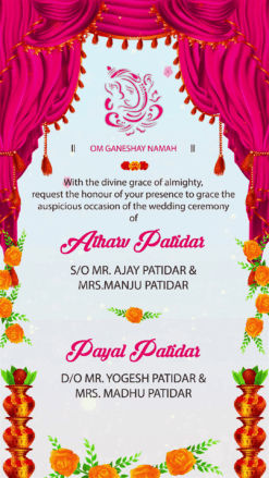 Vibrant Pink Wedding Invitation with delicate pink curtains and orange roses