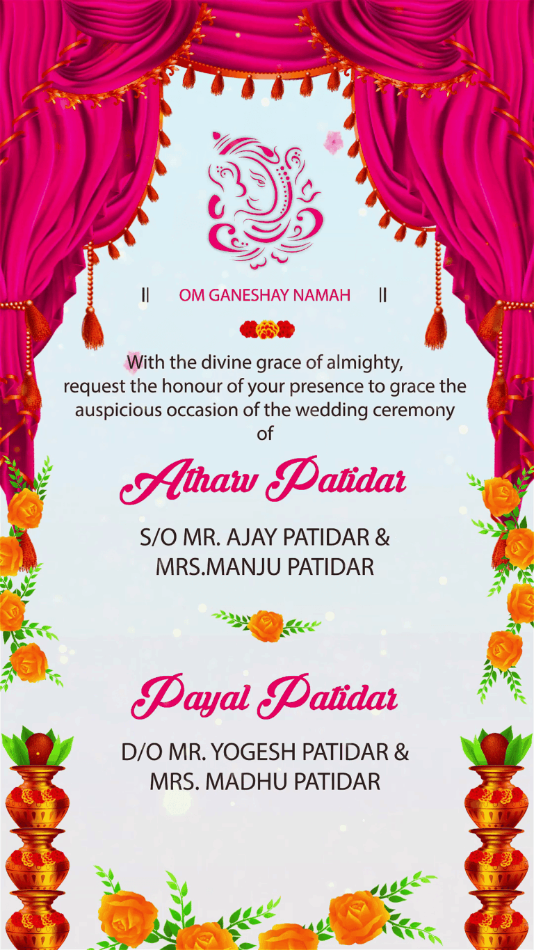 Vibrant Pink Wedding Invitation with delicate pink curtains and orange roses