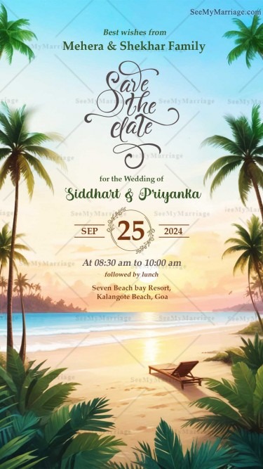 AI Based Indian Sunset on Beach Theme Save The Date Wedding Invitation Card