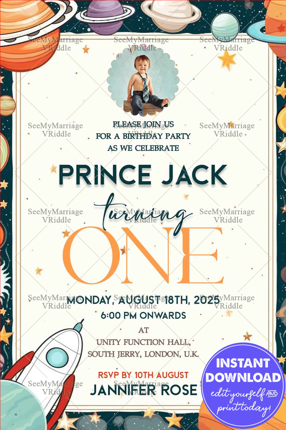 Baby-Boy First Birthday Invitation, Space-Themed Celebration with Planets, Stars and Rocket Background