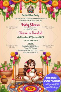 Traditional Baby Shower Invitation with a Cute Lady Sitting with a Baby Bump