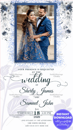 Blue and White theme Wedding Invitation with add photo option