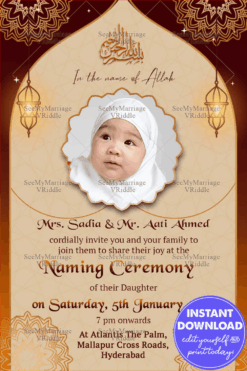 Arch Theme With Hanging Lamp Muslim Naming Ceremony Invitation Card