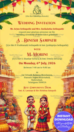 Vibrant Golden Wedding Invitation in Joyful moods with couple caricature