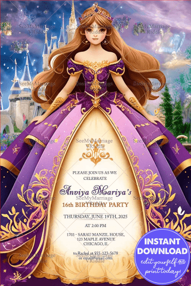 Disney Theme Tangled Rapunzel Birthday Invite Card In Purple Color