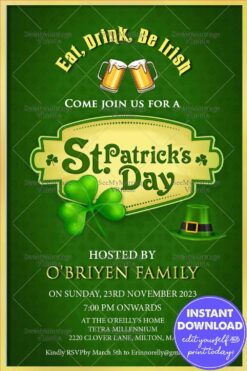 Eat, Drink And Be Irish : St Patrick's Party Invitation In Green Color Background