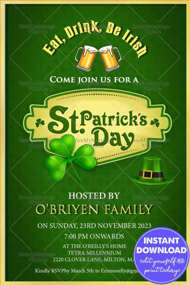 Eat, Drink And Be Irish : St Patrick's Party Invitation In Green Color Background