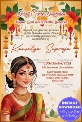 Elegant Digital Half Saree Invitation with Golden Theme, Vibrant Floral Design Background