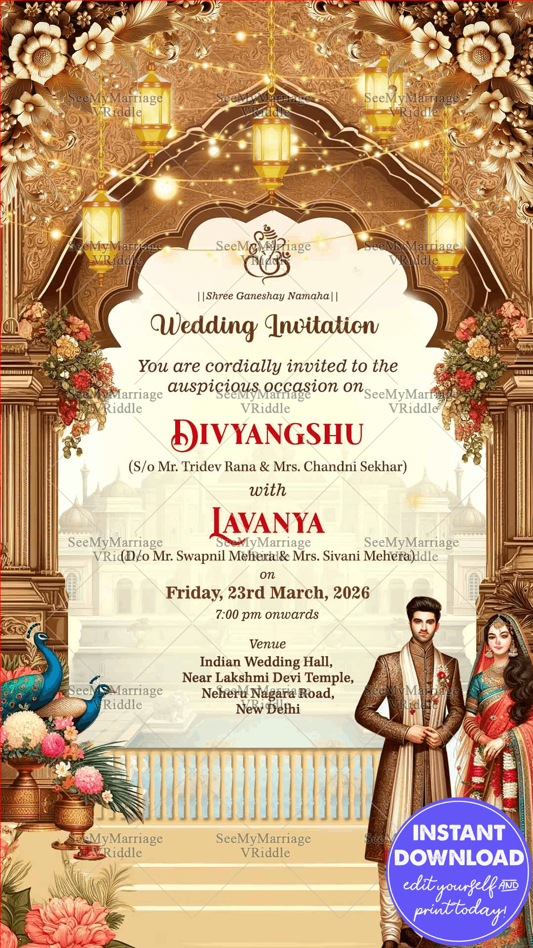 Elegant Indian Wedding Invitation with Traditional Mandap, Floral Decor, Bride & Groom in Regal Attire.