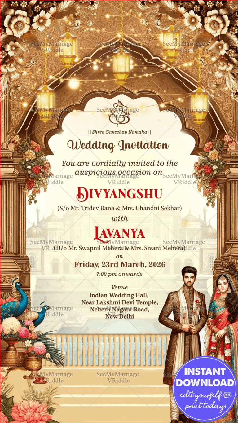 Elegant Indian Wedding Invitation with Traditional Mandap, Floral Decor, Bride & Groom in Regal Attire.