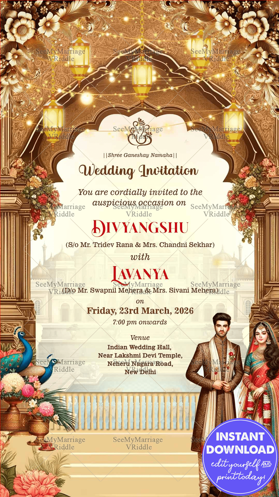 Elegant Indian Wedding Invitation with Traditional Mandap, Floral Decor, Bride & Groom in Regal Attire.