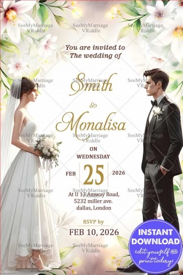 Elegant Western-Style Wedding Invitation with Ornamental White Flowers Theme