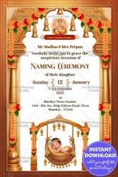 Golden Theme Naming Ceremony Card with Swing Cardle Baby And Hanging Marigold