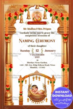 Golden Theme Naming Ceremony Card with Swing Cardle Baby And Hanging Marigold