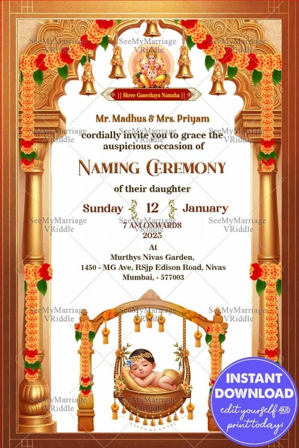 Golden Theme Naming Ceremony Card with Swing Cardle Baby And Hanging ...