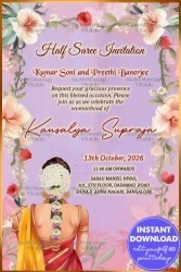 Half Saree Invitation in Shades of Purple and Pink with Floral Decor and Golden Accents Background