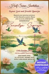 Halfsaree Invitation in Pink theme pond,Lotus and Birds Background