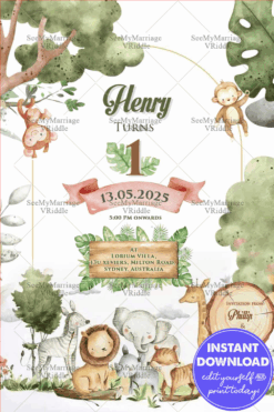 Jungle theme First Birthday Invitation with Animals and in green pastels