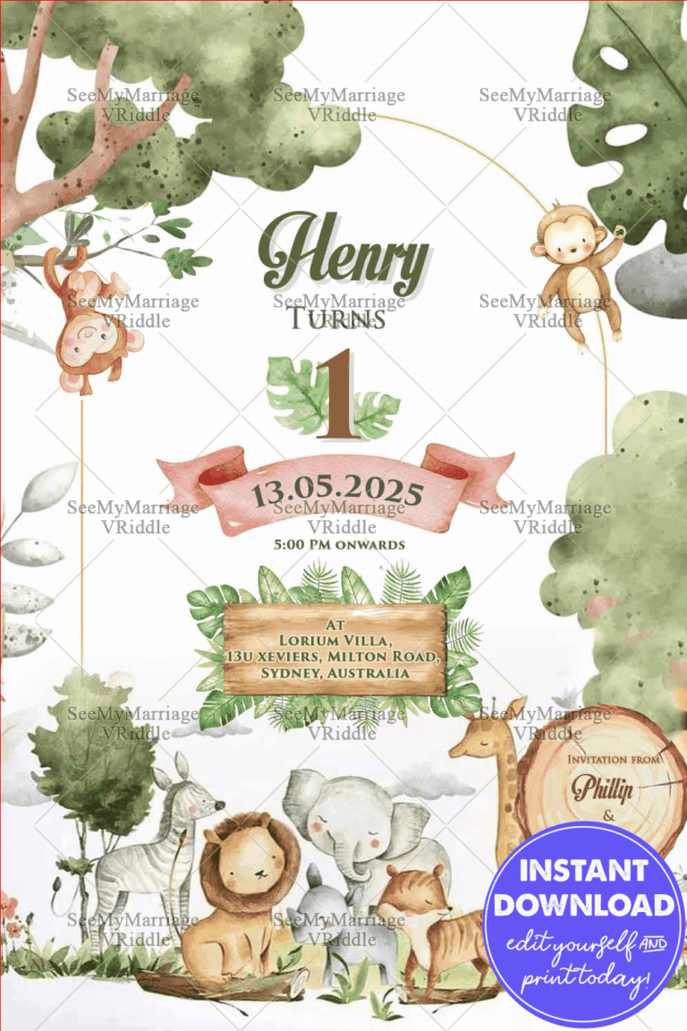 Jungle theme First Birthday Invitation with Animals and in green pastels