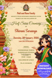 Marathi-green-Half-Saree-Invitation-cute-girl-florals