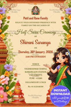 Marathi Half Saree Invitation in Green and Sandal theme with a cute girl character