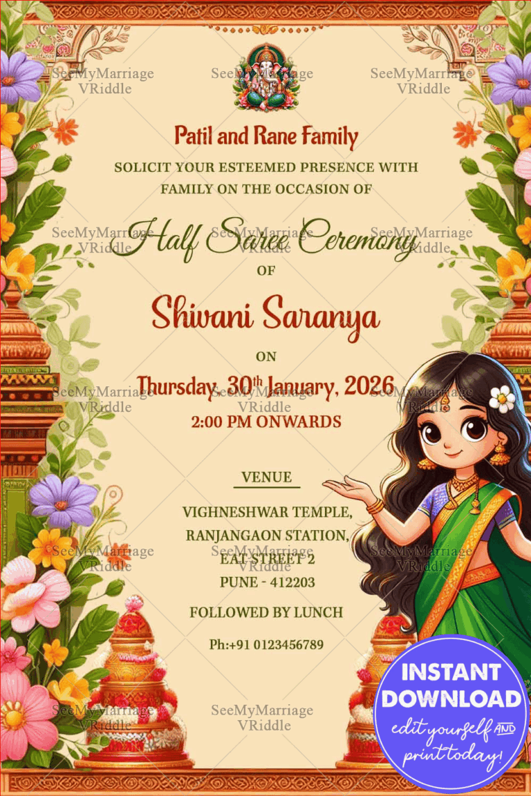Marathi Half Saree Invitation in Green and Sandal theme with a cute girl character