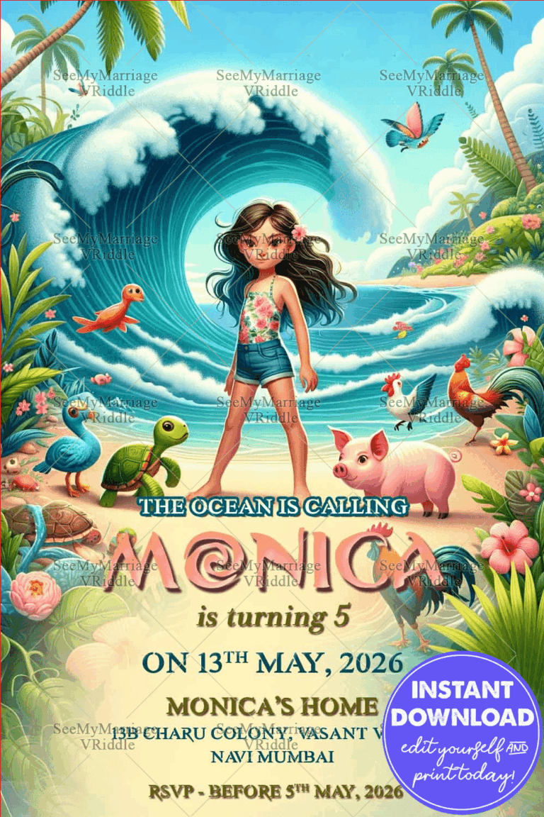 Ocean Theme Tropical Birthday Invitation with Moana character