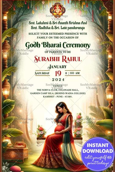 Nature Theme Caricature Baby Shower Invitation with a Lady Sitting with a Baby Bump