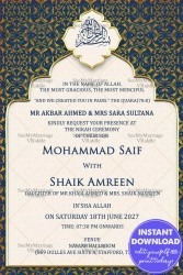 Nikkah Ceremony Invitation Card in Blue and Golden Damask Theme