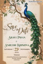 Save the Date Wedding Invitation with Ornate Peacock Design and Warm Beige Background