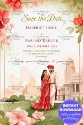 Punjabi Theme Save the Date Invitation With Flowers And Couple illustration
