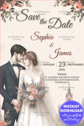 Save the Date Invitation Couple in Elegant Attire, Cream Floral Background with a Bouquet of Roses