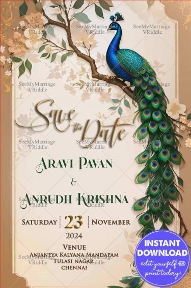 Save the Date Wedding Invitation with Ornate Peacock Design and Warm Beige Background