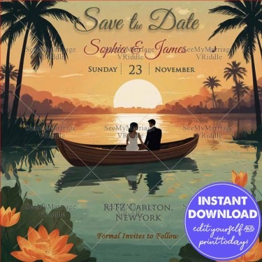 Sunset Serenade, Save the Date Wedding Invitation with Lake Background