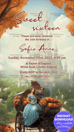 Sweet Sixteen Birthday Invitation in Cinderella Disney theme