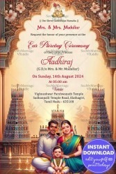 Traditional Hindu Ear-Piercing Ceremony Invitation with Temple Motifs, Golden Theme Background