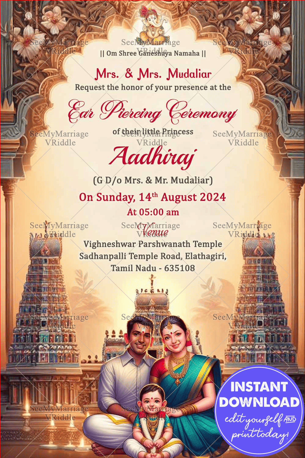 Traditional Hindu Ear Piercing Ceremony Invitation with Temple Motifs Golden Theme Background
