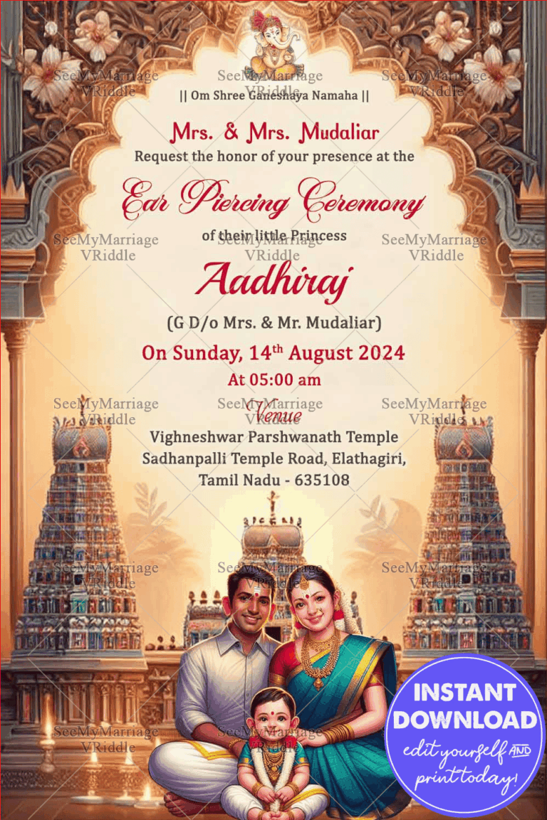 Traditional Hindu Ear-Piercing Ceremony Invitation with Temple Motifs, Golden Theme Background