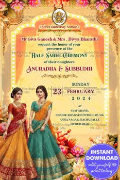Traditional Two Sisters Half Saree Ceremony Invitation Card In Cream Color Theme Background